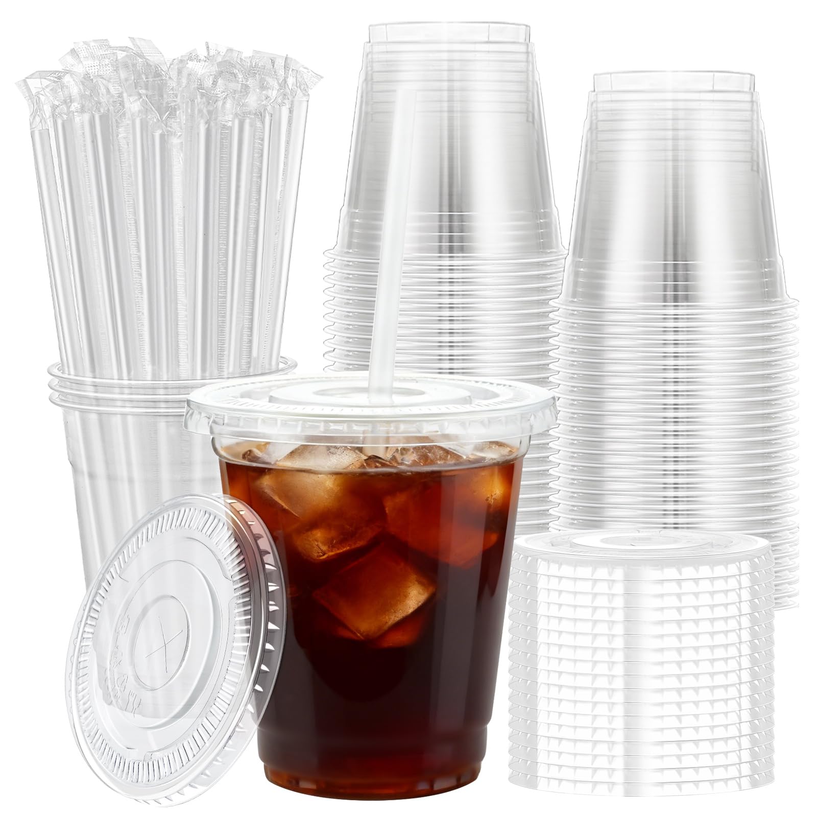 Lamosi 100 Pack 12 oz Clear Plastic Cups with Lids and Straws, Disposable Iced Coffee Cups with Lids for To-Go Cold Drinks, Smoothies and Slushie