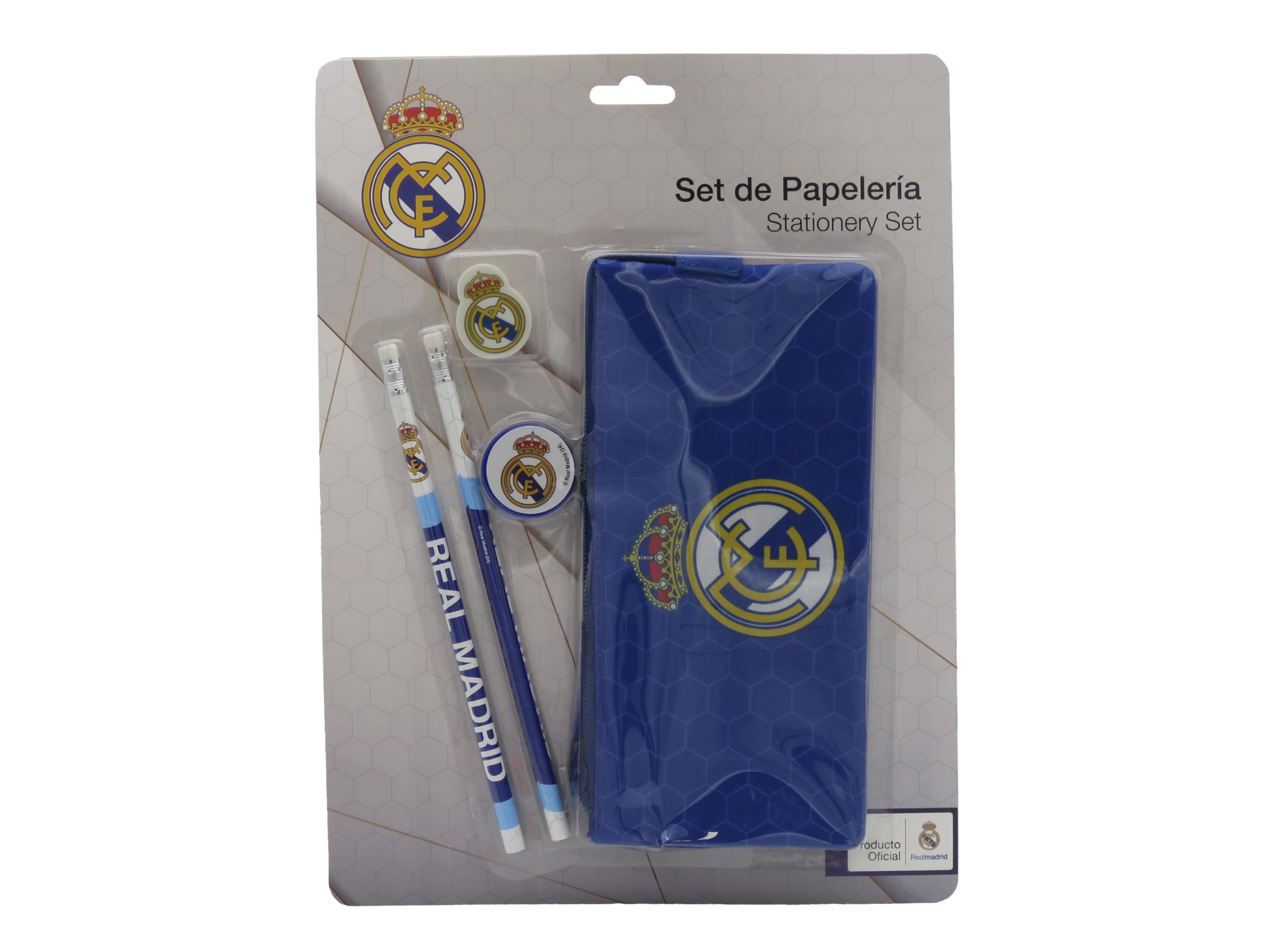 CyP Brands Real Madrid Stationery Set, Triple Pencil Case, Pencils, Eraser, Sharpener, Blue Official Product