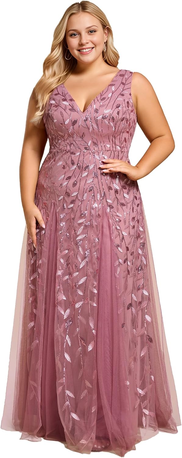 Ever-Pretty Women's Floor Length V Neck Backless A-line Sleeveless Tulle Sequin Emboridery Plus Size Formal Dresses