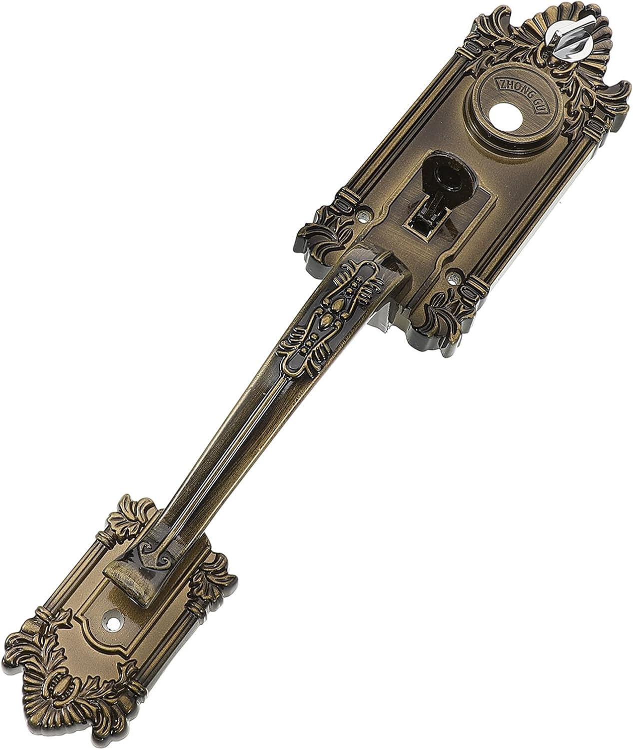 Vintage Door Handle Lock Set, Zinc Alloy Front Door Safety Handle with Press Lever, Bow-Shaped Aluminum Alloy Lock for Exterior Security, 1pcs Kit