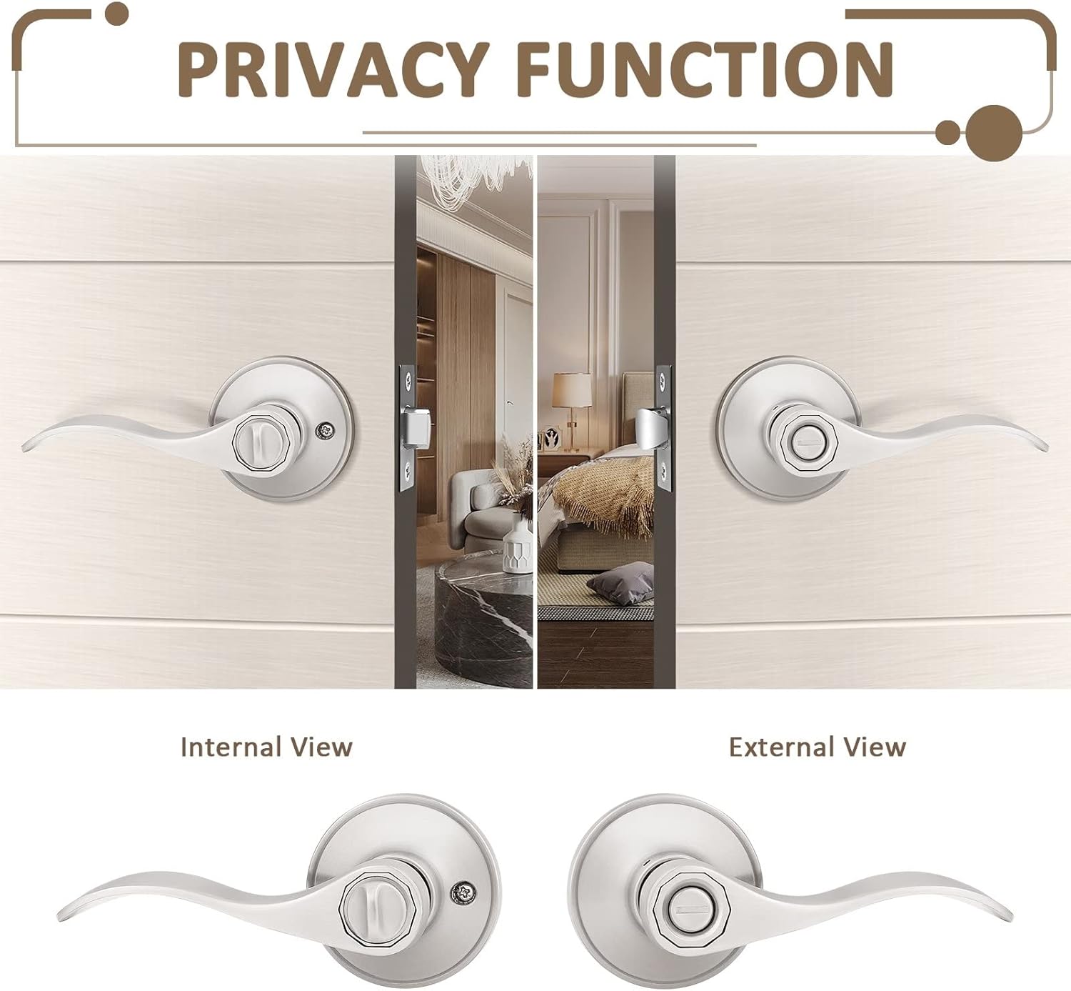 Probrico 10 Pack Privacy Door Lever Thumb Turn Lock on The Inside, Locking Door Handle Set for Bedroom & Bathroom Doors,Keyless Satin Nickel Finish Wave Door Lock, Reversible Right & Left Side Handed