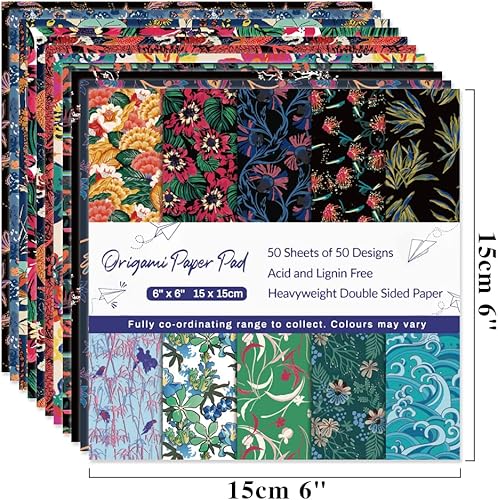 Vista 7 de Kit de papel para origami 6x6 Wanshui, 150 hojas, 50 colores vivos, doble cara, mismas impresiones tradicionales, patrón cuadrado, para proyectos