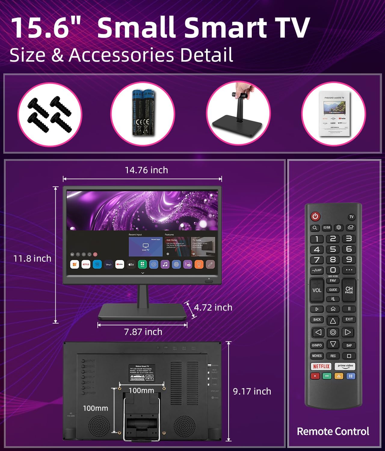 Feihe 15.6-Inch Small Smart TV Full HD 1080p Compact Flat Screen Television for Kitchen, RV, Camper & Bedroom