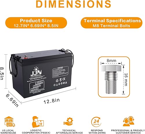 Miniatura 3 de JJN Batería AGM de ciclo profundo de 12 V 100 AH, más de 1200 ciclos, baterías recargables de ciclo profundo SLA para viento solar, caravana,