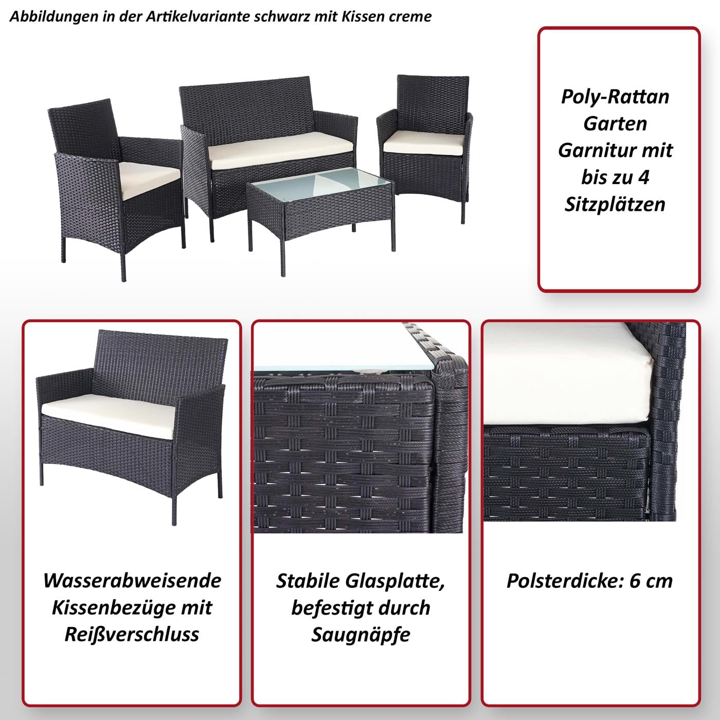 Mendler Set salotto giardino esterno salottino elegante HWC-D82 polyrattan nero con cuscini antracite
