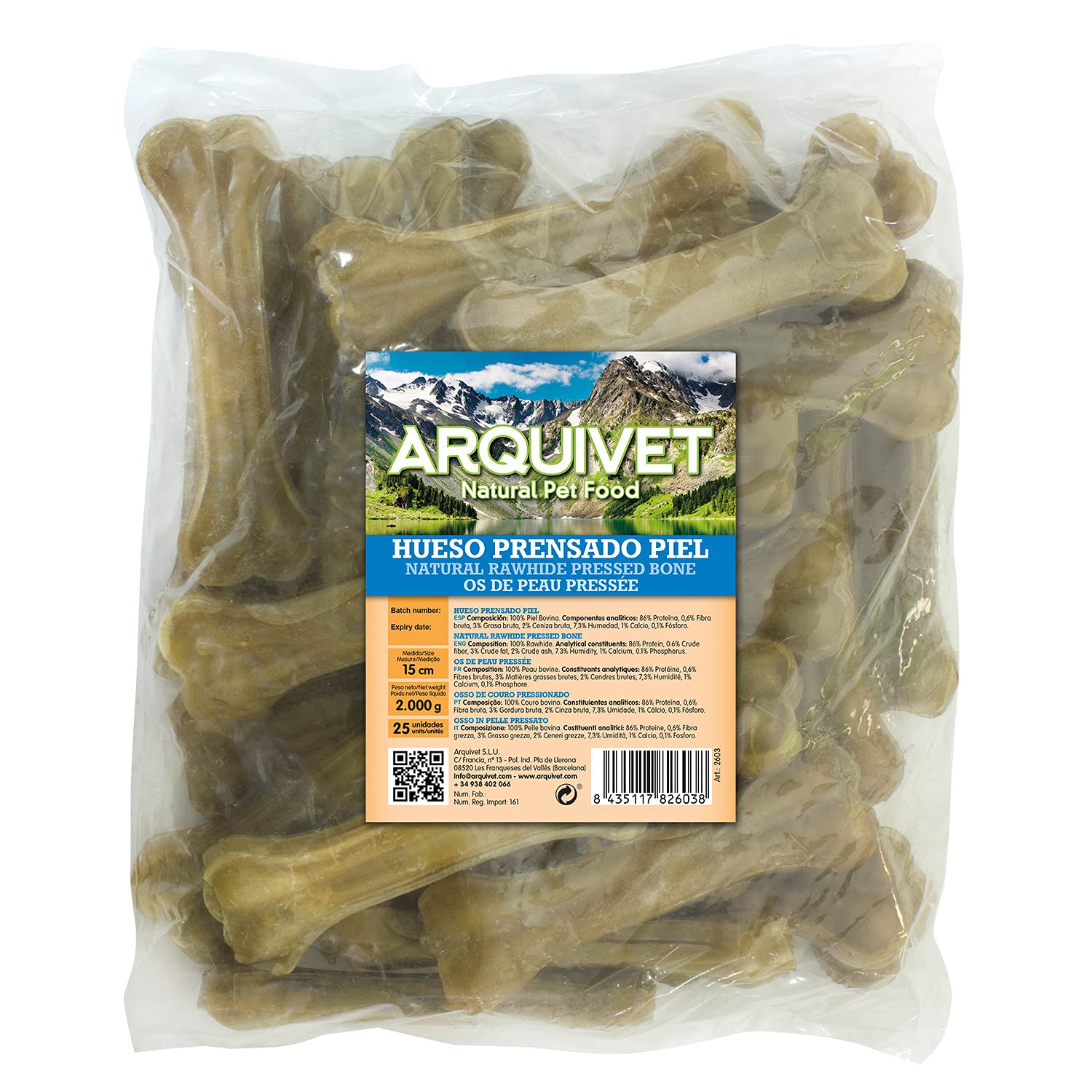 ARQUIVET - Osso pressato in pelle bovina 15 cm - Confezione da 25 unità per cani - Rinforza i denti del cane - Osso masticabile