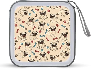 40 Capacity CD Case Holder Dog Paws Bones Pug Disc Wallet Organizer Binder | Portable Zipper DVD Storage with Strap for Car Office Home Travel, Hard Plastic, Dog Paws Bones Pug
