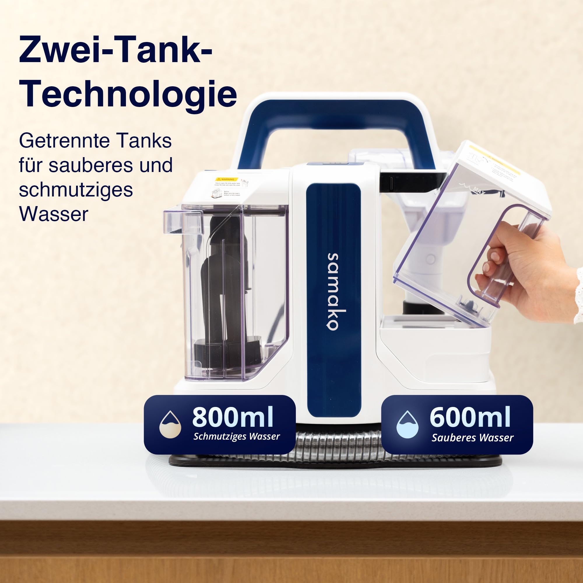 Samako Teppichreiniger Polsterreiniger – Kompaktes Handgerät für Teppiche und Sofas, Leistungsstarker 400W Motor, 2 Extra Große Wassertanks, für Alle Stoffarten Geeignet