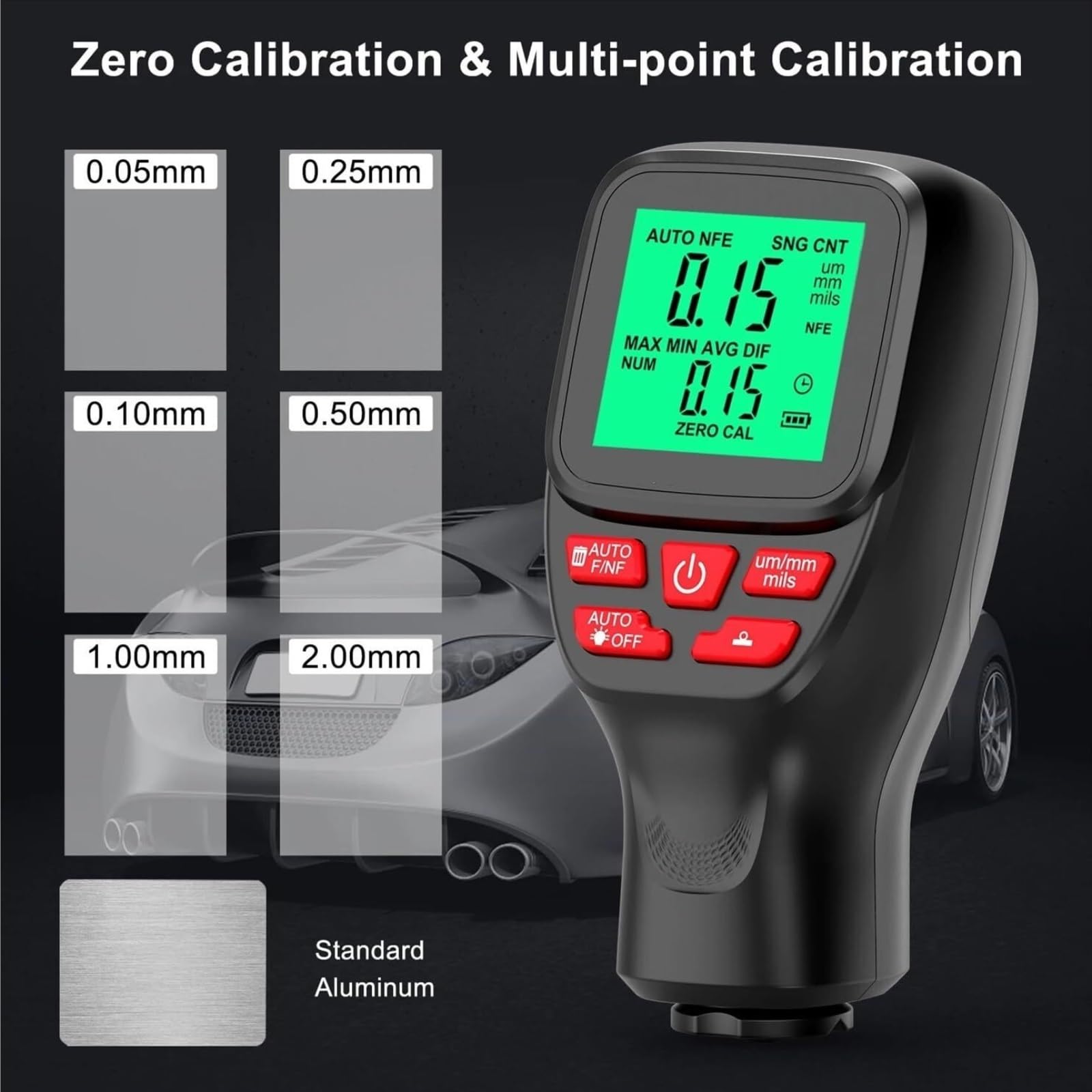 Miernik grubości, Miernik Grubości Powłoki Lakierniczej Cyfrowy 0-2000UM LCD Samochodowy Tester Samochodu Używany Ocena Malowanie Inspekcja Pracy, dla samochodu(Black)