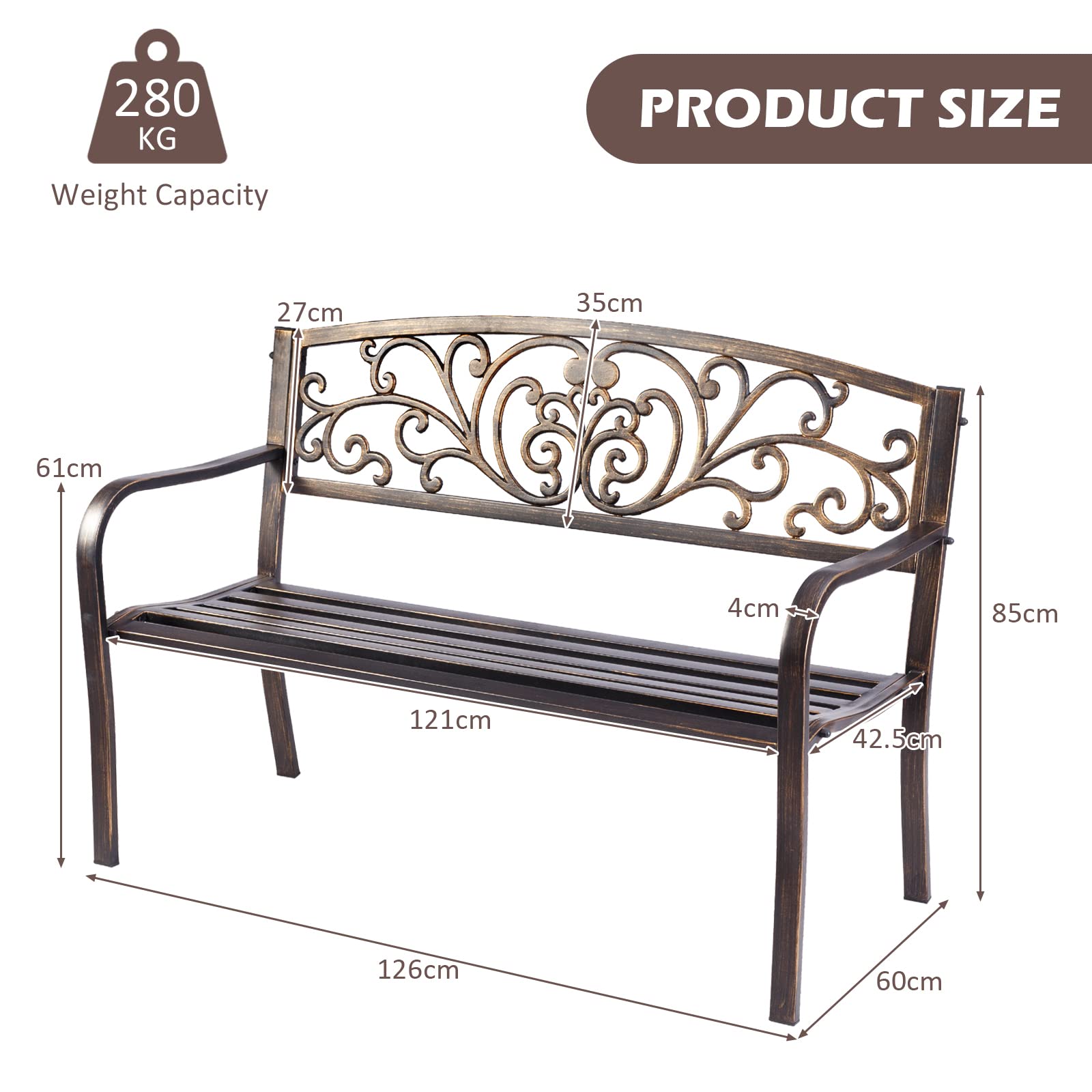 GIANTEX Panchina in Ferro da Giardino a 2 Posti, Panca con Schienale Belle e Braccioli, Panchina Vintage a Doppio Posto per Balcone, Terrazza, 127 x 60 x 82 cm, Bronzo