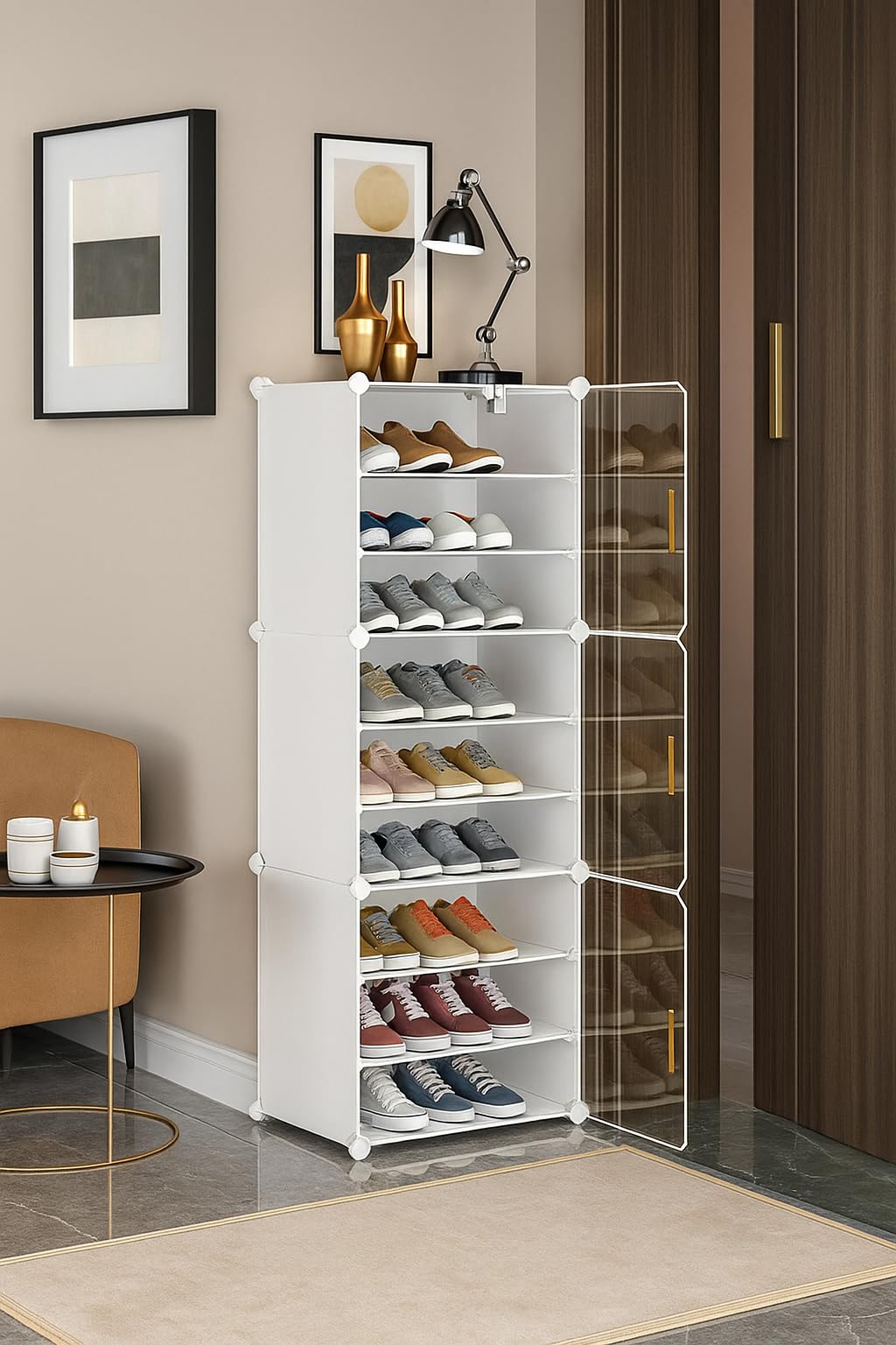 KRISHYAM® Portable Shoe Rack Organizer, Plastic Cube Storage 18 Pair Tower 9 Shelves Shoe Storage Cabinet Stand,Modular Cabinet for Hallway Bedroom Closet Entryway (9 Shelves-3 Door (White))-image-41
