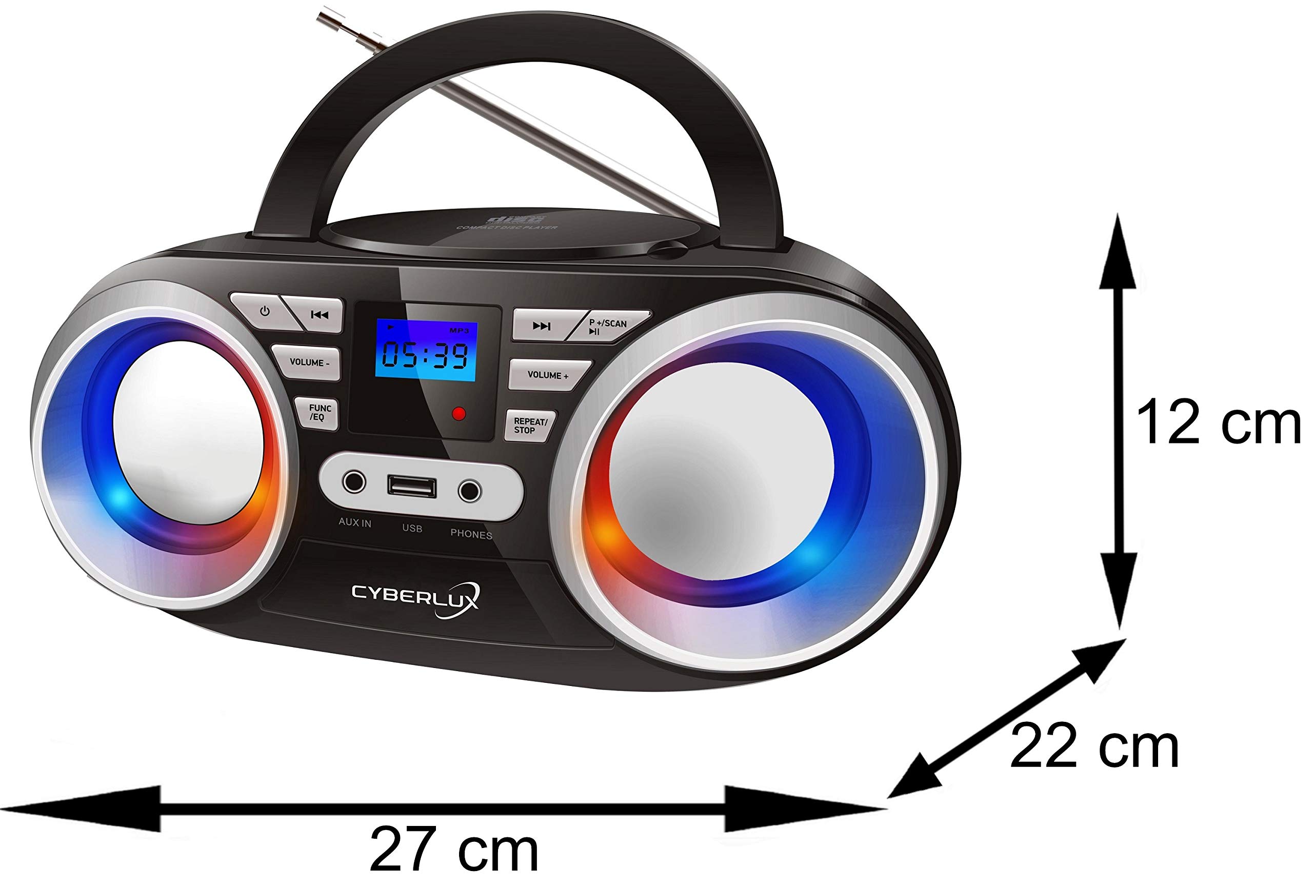 Cyberlux Lecteur CD portable, stéréo, USB, Boombox, CD/CD-R, radio FM, entrée AUX, prise casque, 20 emplacements mémoire, lumières disco LED, noir/argenté