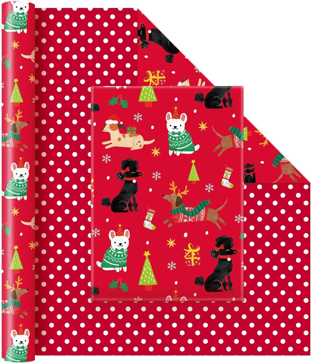 WERNNSAI Dog Christmas Wrapping Paper Jumbo Roll - 1 Roll 17” x 33 ft Puppy Red Kids Christmas Wrapping Paper Birthday Party Gift Funny Christmas Wrap Decoration Polka Dot