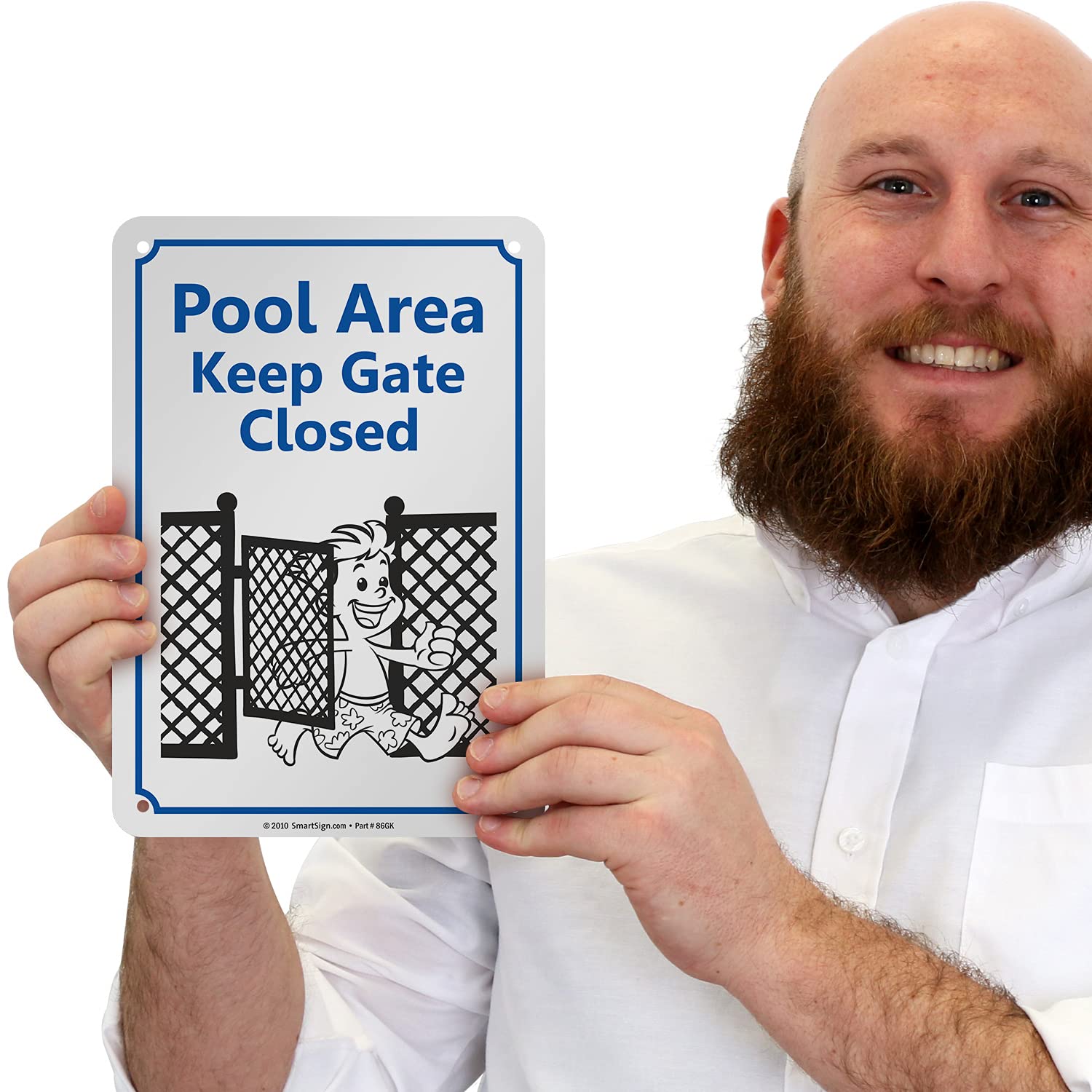 SmartSign 10 x 7 inch “Pool Area - Keep Gate Closed” Swimming Pool Sign with Funny Graphic, Digitally Printed, 55 mil HDPE Plastic, Blue, Black and White