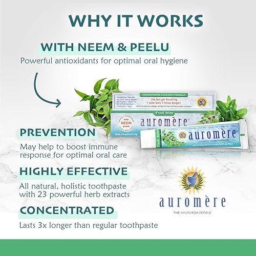 Miniatura 3 de Auromere Pasta dental ayurvédica de hierbas, menta fresca, vegana, natural, sin OMG, sin fluoruros, sin gluten, con neem y peelu (4.16 onzas),