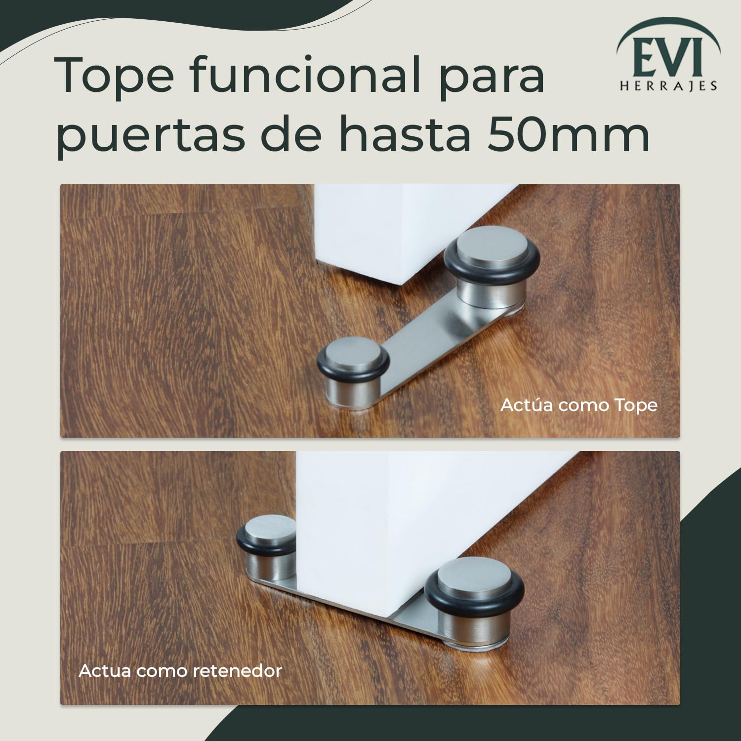 EVI Herrajes | Tope de Puerta Retenedor Giratorio | Acero Inoxidable - Goma Negra | Para Puerta de Hasta 50 mm de Grosor | Incluye Tornillo+Taco | Mod. I-164RADAM