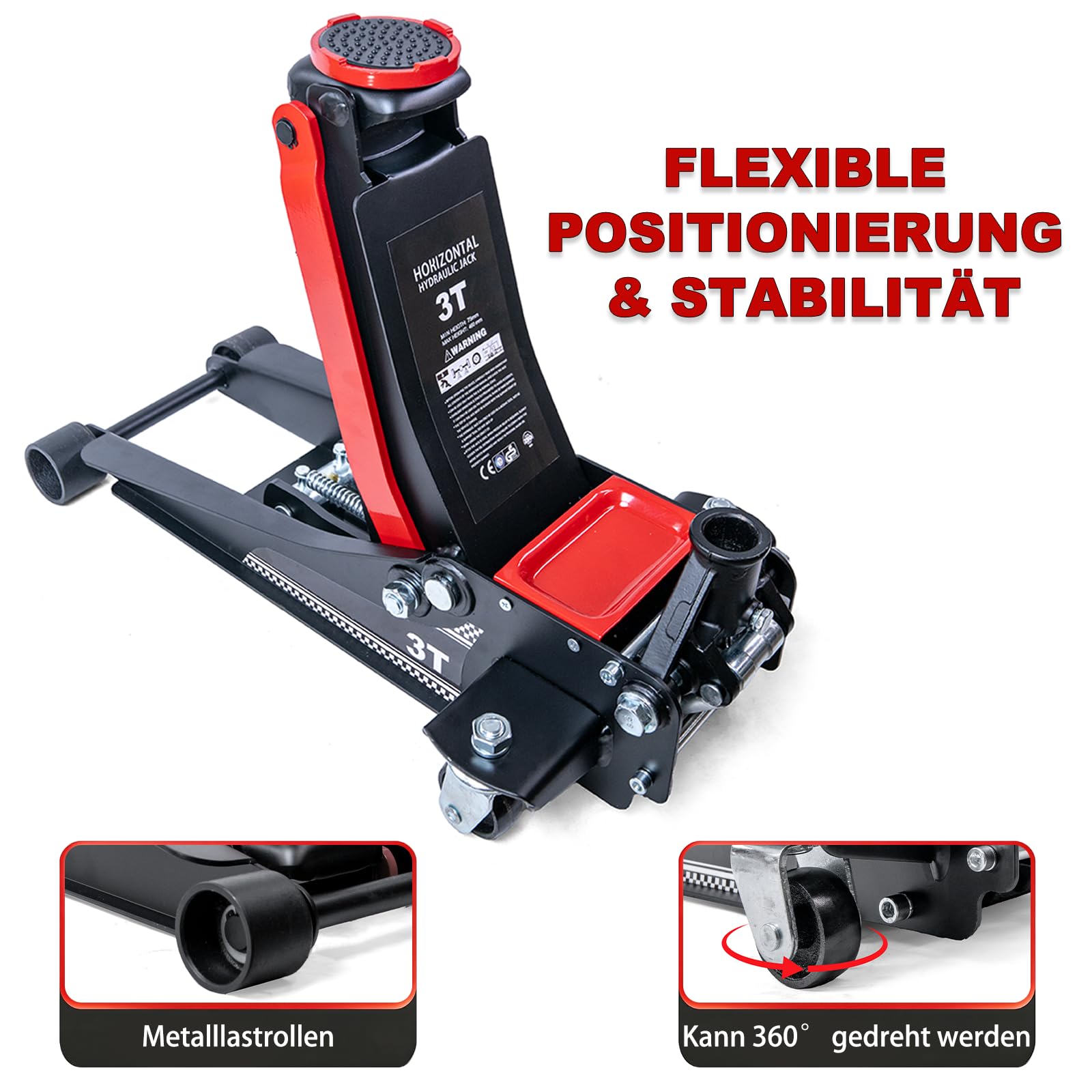 Wagenheber Hydraulisch 3T, Rangierwagenheber Mit 4 Rollen, Hubhöhe 75-460mm, 2 Gummiauflagen & 95 cm Hebel, Unterflur Hydraulikheber für PKW & Tiefergelegte Fahrzeuge