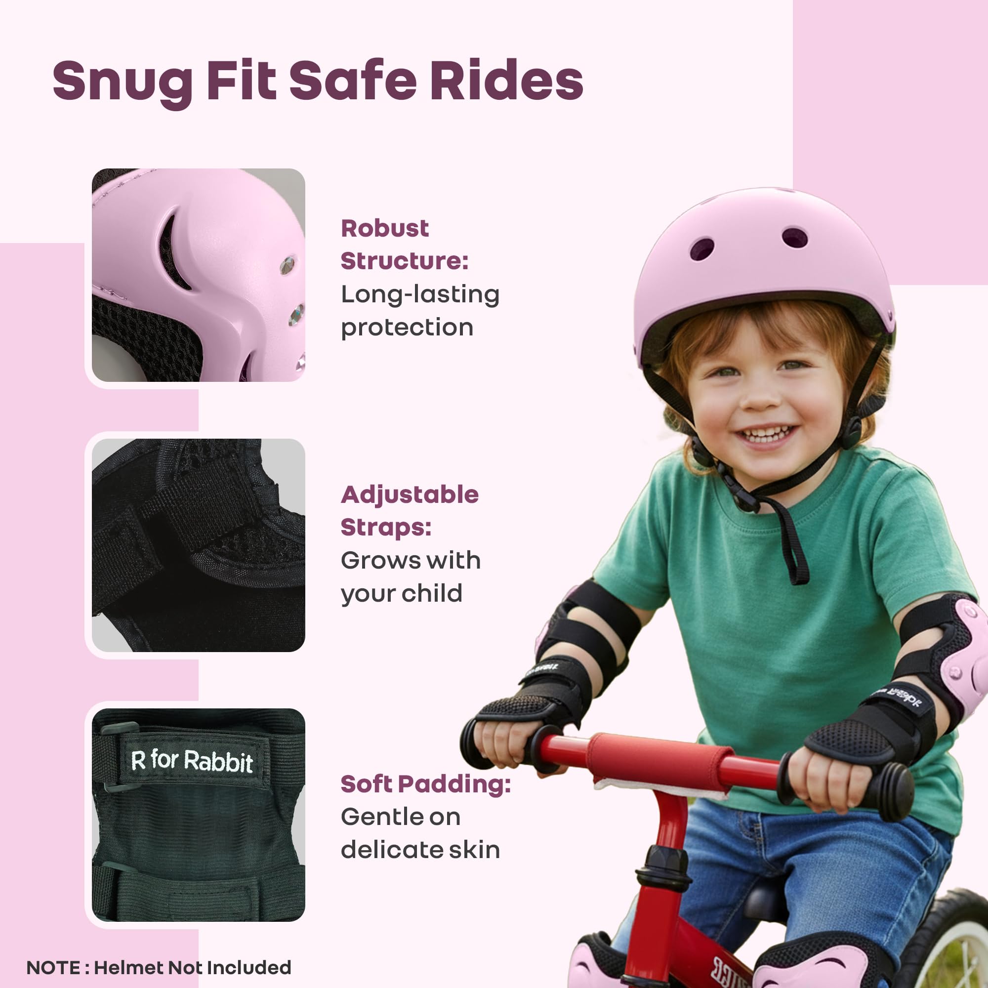 R for Rabbit Safe Play Protector Pads for Kids Knee Elbow Wrist Guards Lightweight Adjustable for Cycling Skating & Other Sports PP Shell EVA Soft Liners Material Pads Age 6-12 Years Babies (Pink) 4