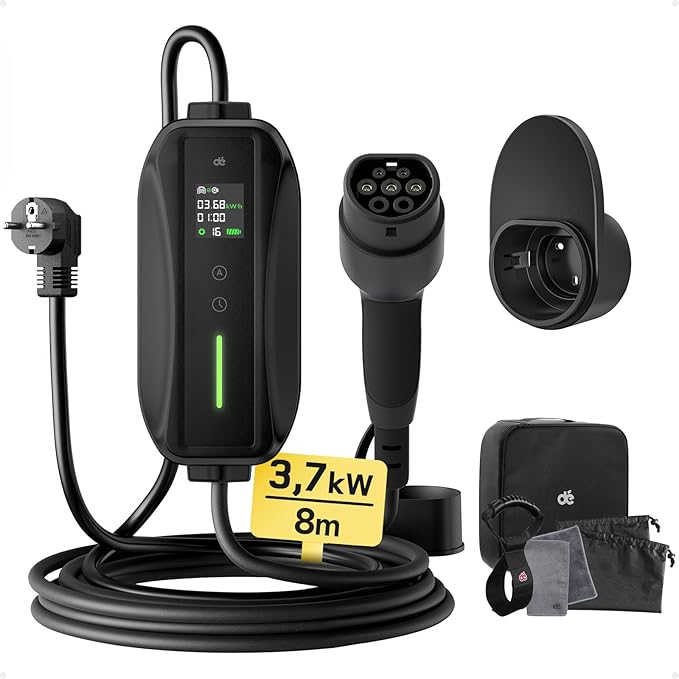 Cargador portátil para coche eléctrico de 3,68 kW con cable tipo 2 y pantalla digital