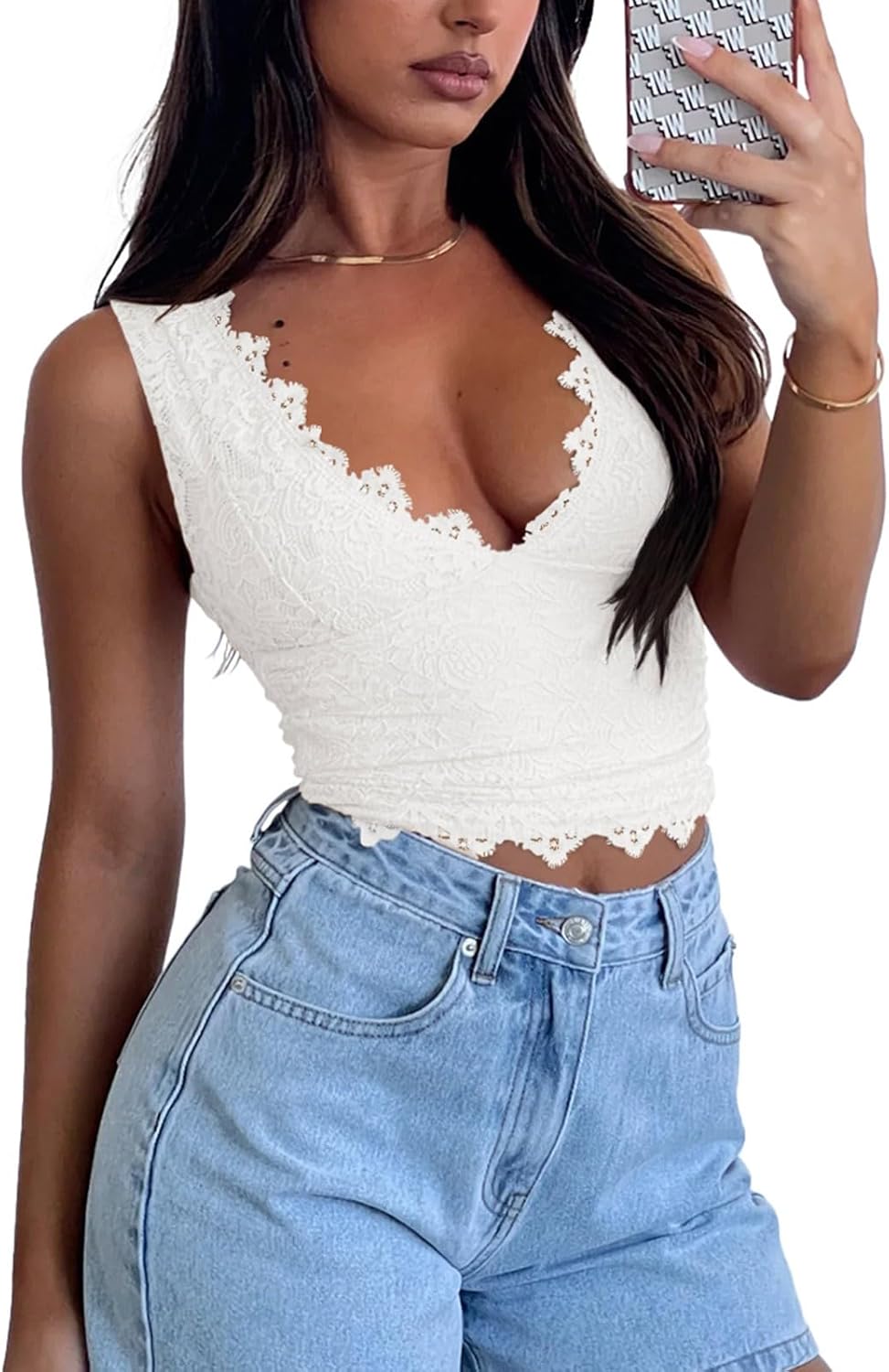 REORIA Womens Sexy V-Neck Sleeveless Double Lined Going Out Y2K Trendy Lace Cropped Tank Tops - Image 4