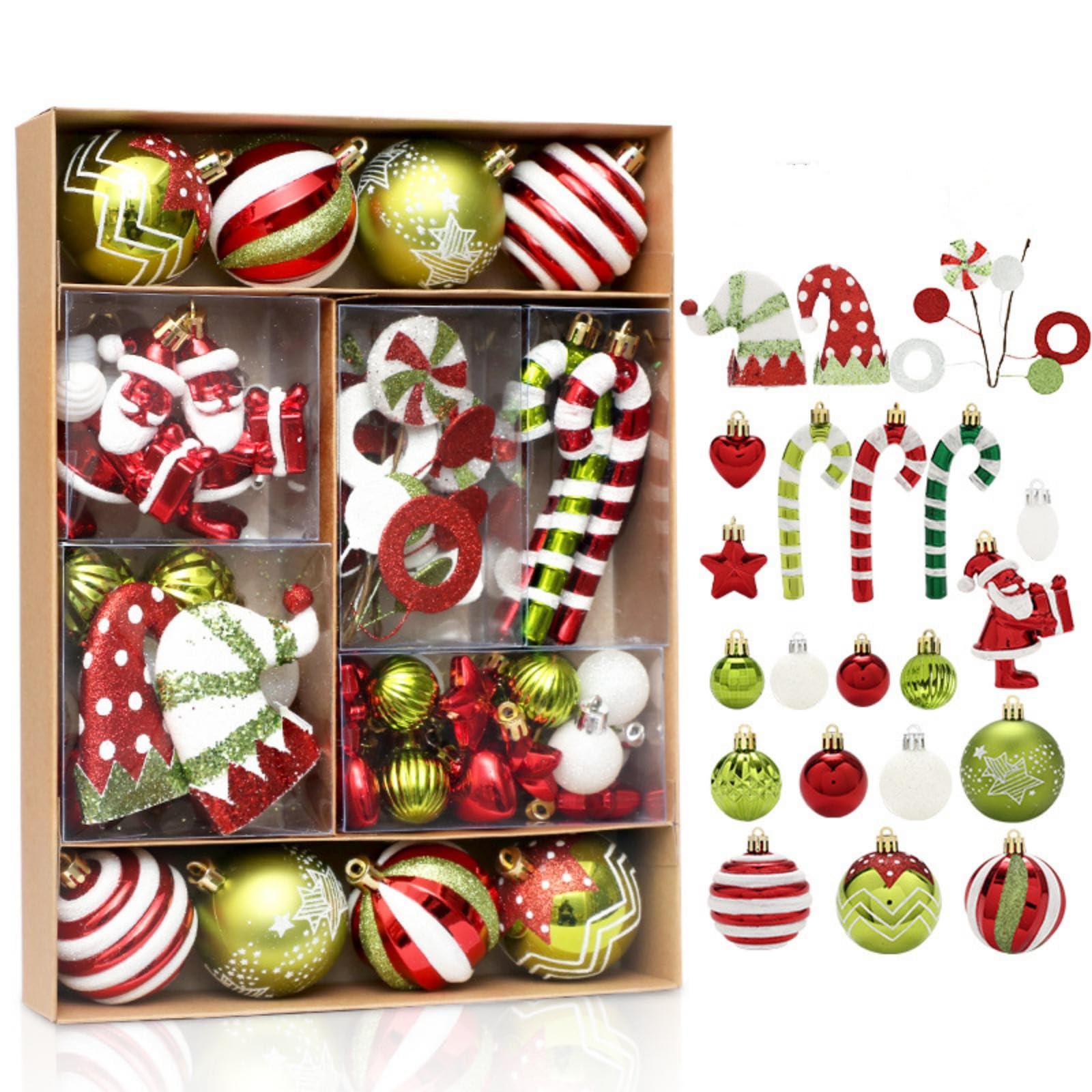 Lot de 50 petites boules de Noël en plastique incassable à suspendre pour sapin de Noël (rouge, vert, blanc)