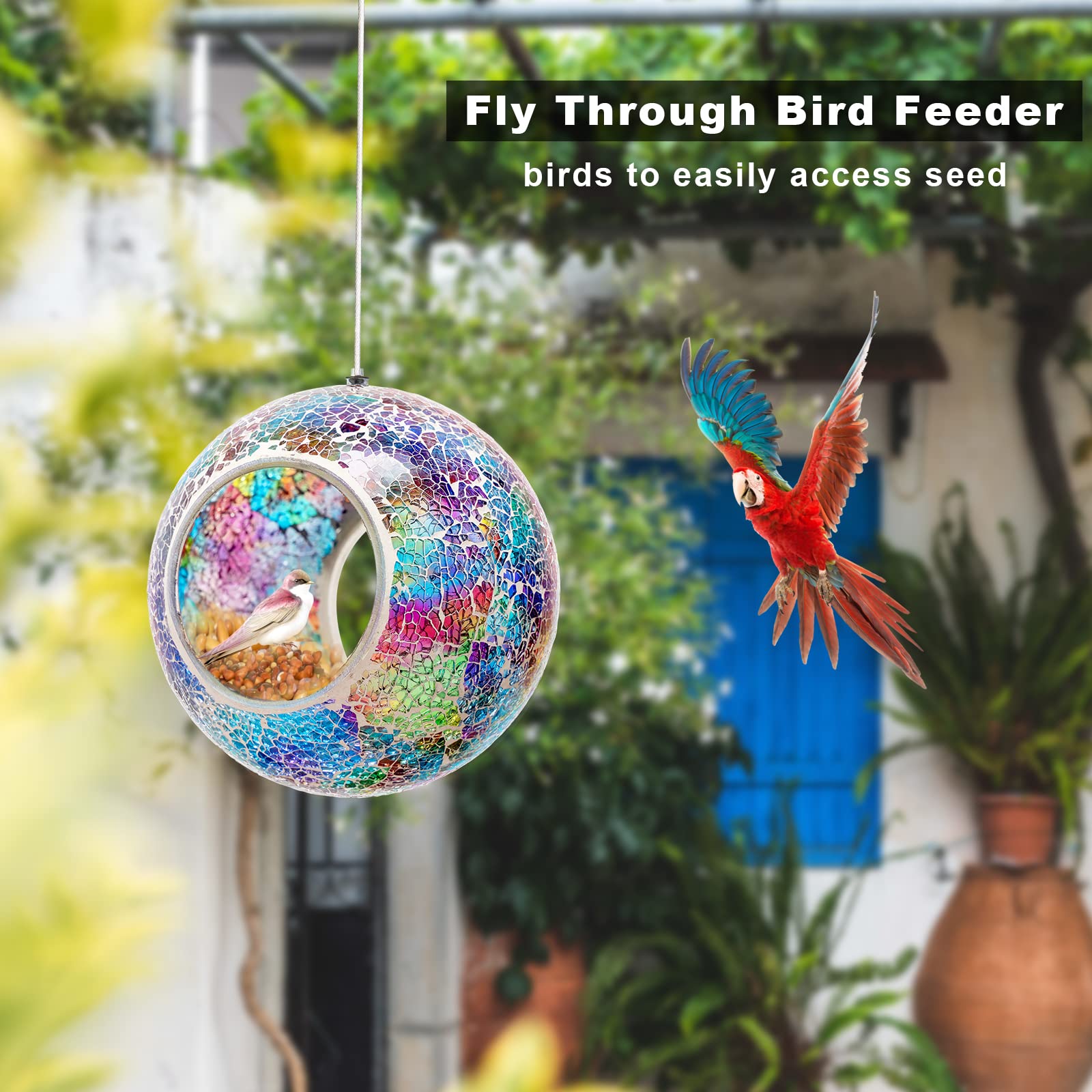 Comedero para pájaros con mosaico, comedero para pájaros para colgar en el exterior con comederos de vidrio de forma redonda para atraer pájaros silvestres para jardín, terraza, patio, patio