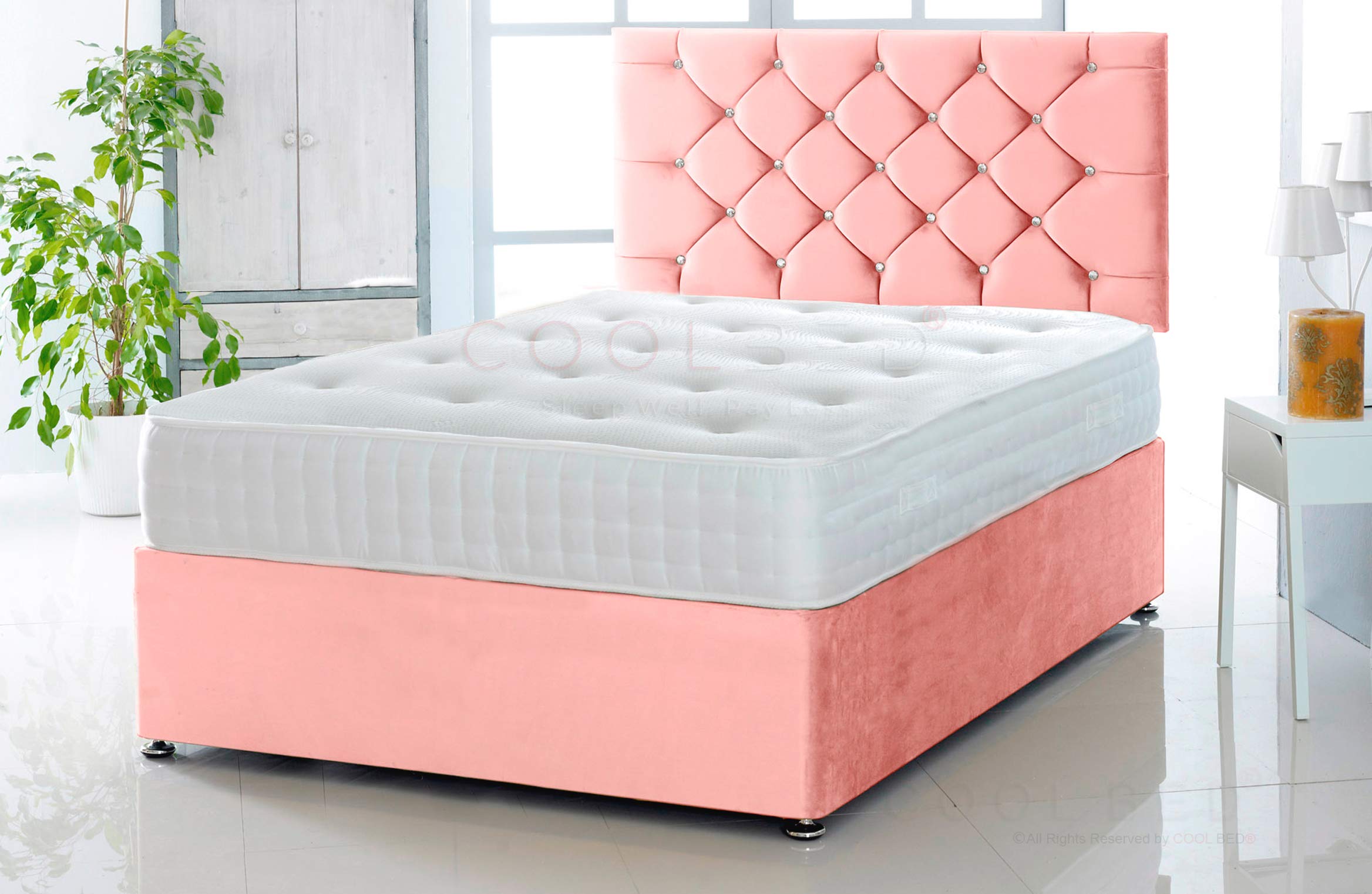 DIVAN BED WITH MATTRESS AND HEADBOARD AND DRAWERS IN PLUSH VELVET (PINK, 2FT6 - O DRAWER)