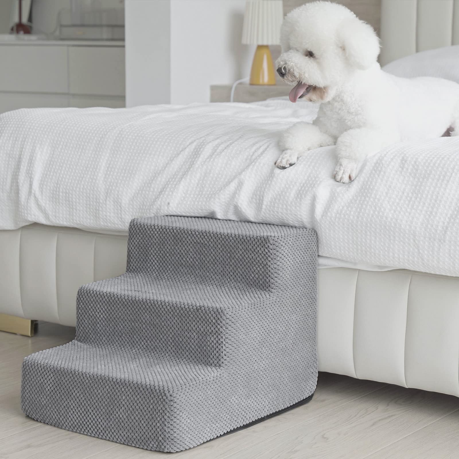 DogBaby Dog Stairs, Pet Stairs for Beds and Couch, Dog Stairs & Steps for Small Dogs Cats, Non-Slip Pet Steps with Removable Washable Cover, 3 Step-Grey