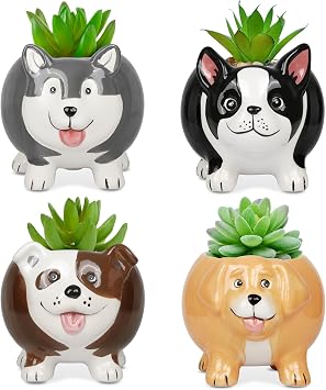 BUYMAX Animal Succulent Plant Pots, Mini Doggy Shape Succulent Planter Handmade Ceramic Plant Pot - Cute Dog Planter for Plants Flower Cactus, Home Decoration Gift - 4 Pack