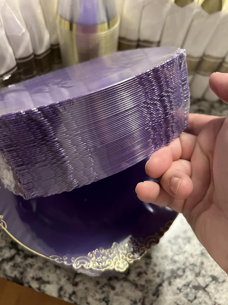 Goodluck 350 PCS Disposable Purple with Gold Rim Plastic Dinnerware Set