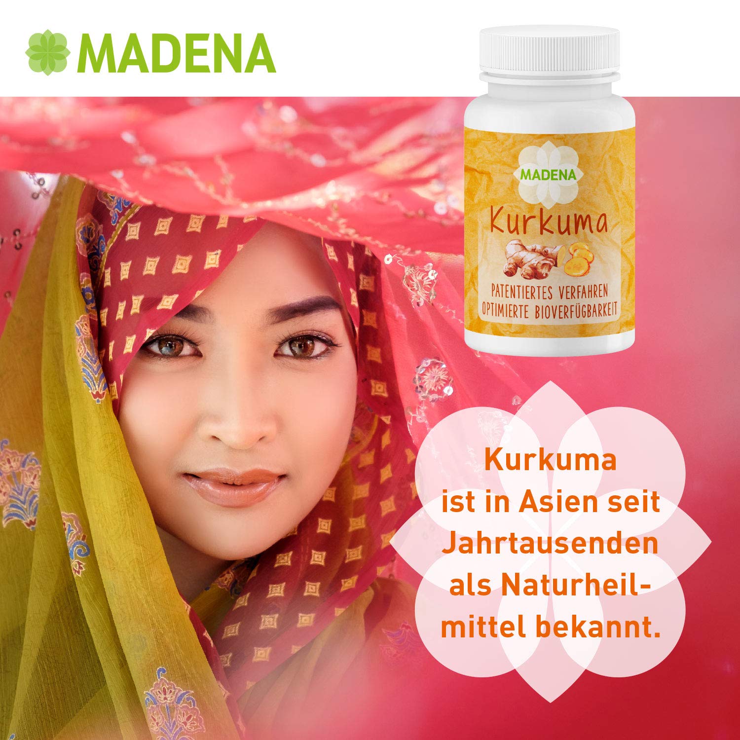 MADENA Kurkuma, Kurkumin hochdosiert, optimierte Bioverfügbarkeit, patentiertes Verfahren, bewusst ohne Piperin und Emulgatoren, vegan 50 Kapseln