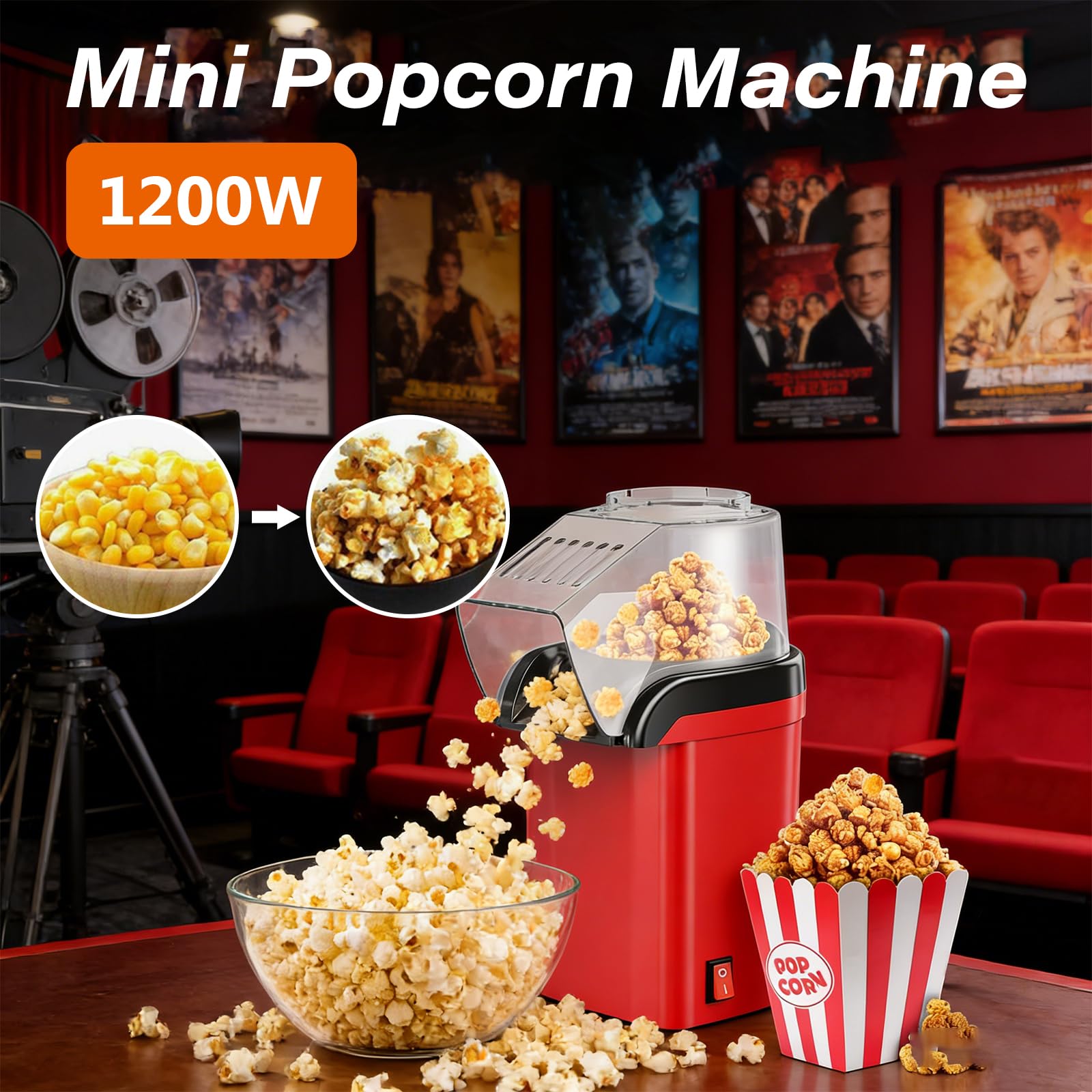 Macchina per popcorn 1200 W ad aria calda popcorn Maker, popcorn maker, popcorn senza olio, 3 minuti veloci per home theater, serate cinema, feste, Natale, funzionamento one-touch, senza Bpa
