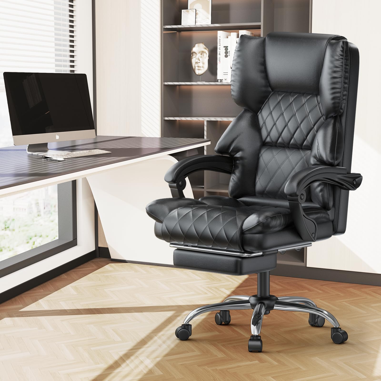 naspaluro Sedia da Ufficio Ergonomica con Poggiapiedi, Sedia Ufficio con Schienale Alto in Pelle PU di Alta Qualità, Schienale Inclinabile, Sedile Imbottito, Altezza Regolabile, Nero