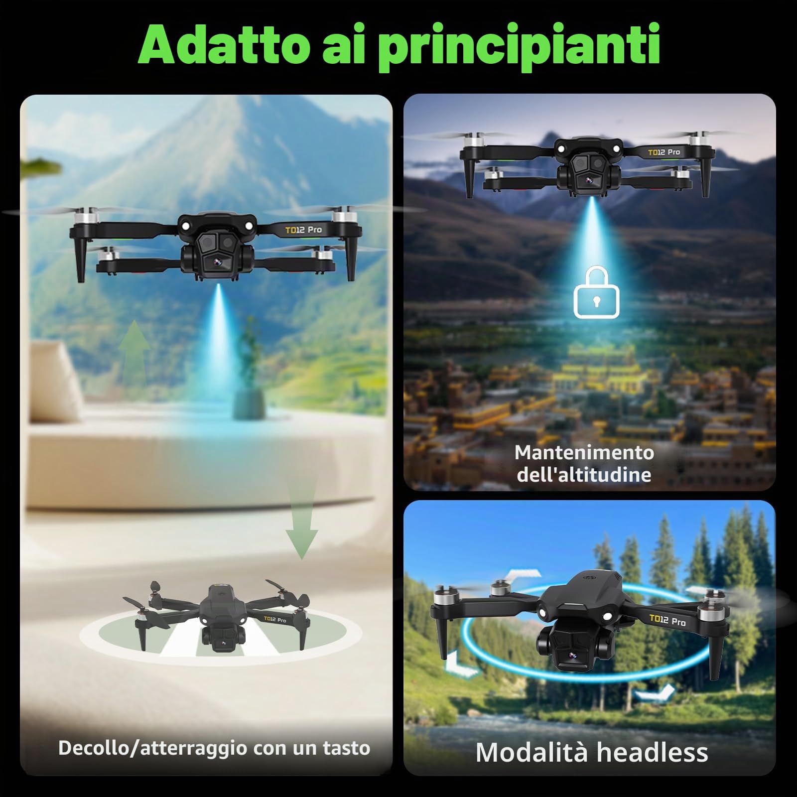 Toladrone TD12PRO Drone con Fotocamera 1080P, Droni per Adulti, Regolabile Motorizzato a 90°, Resistenza al Vento di Livello 3, Controllo Tramite APP, Quadricottero Pieghevole per Principianti