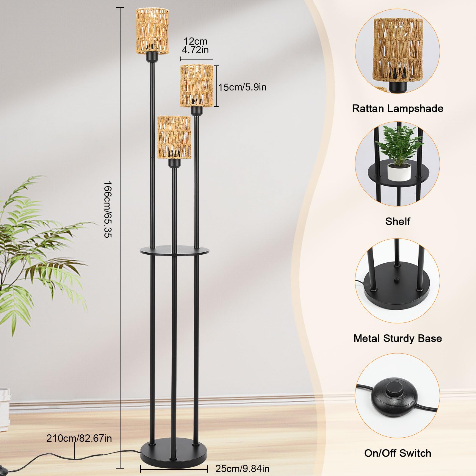 Stehlampe Wohnzimmer Rattan 3 Flammig Boho E27 166cm