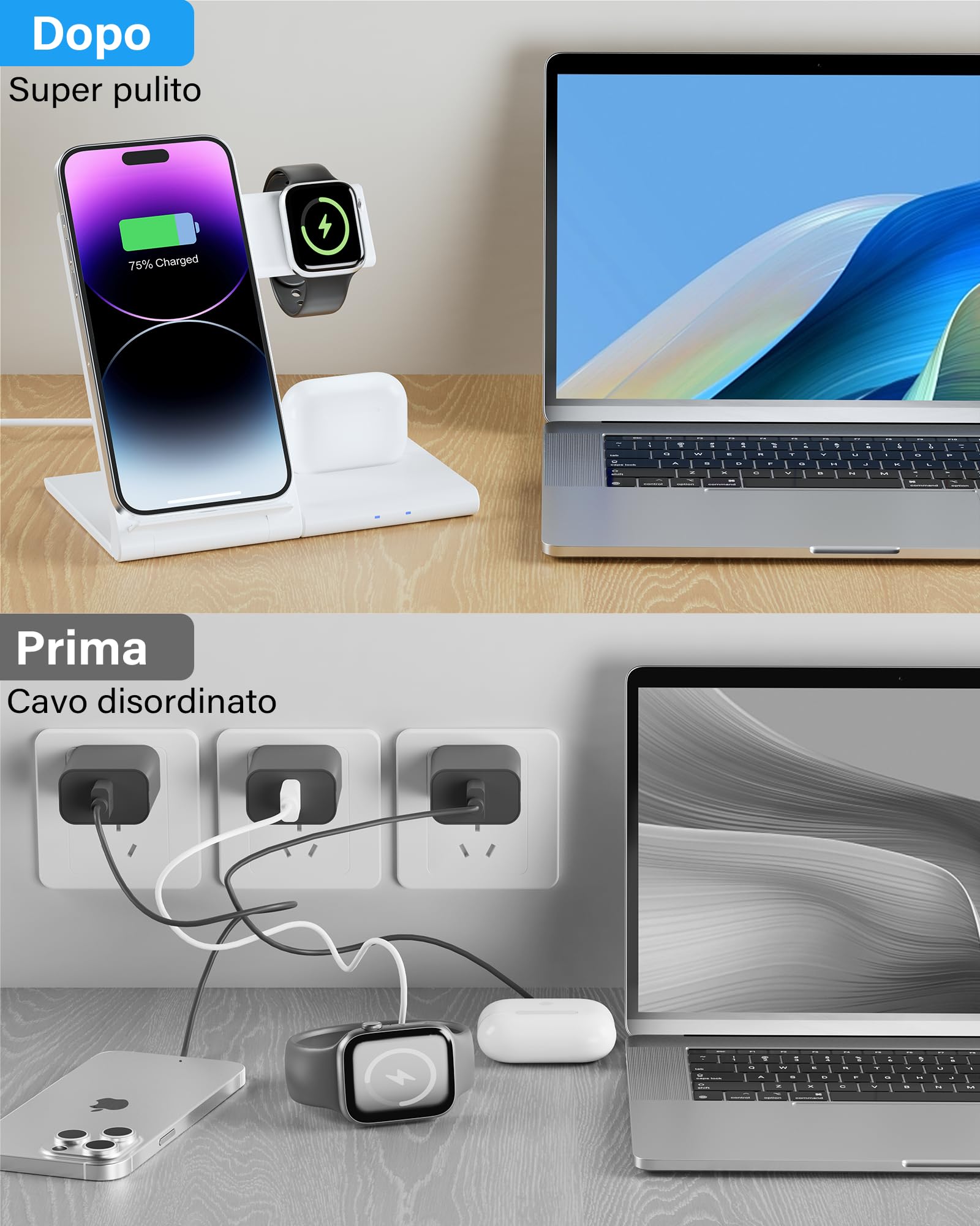 3 in 1 Caricatore Wireless per iPhone 11/12/13/14/15/XS/X/8 serie, A-pple Watch 9/Ultra/8/7/6/SE/5/4/3/2, Stazione Ricarica A-pple per Air Pods 1/2/3/Pro/Pro2(bianco)