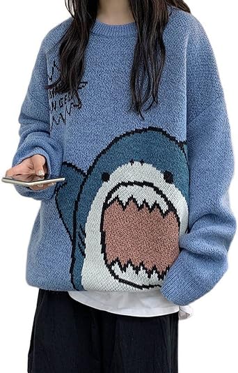 Mens Korean Sweater Japanese Cartoon Shark Mens and Womens Sweater Loose Casual Mens and Womens Sweater