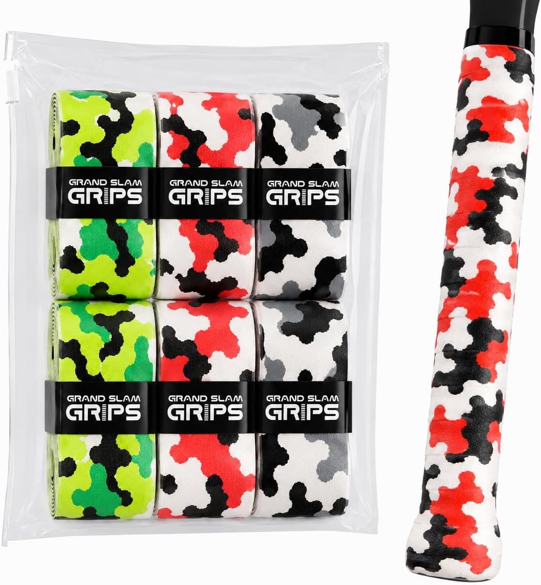 Grand Slam Grips Tacky Tennis Overgrip Tape – 6 Pack Camo – Extra Sticky Non-Slip Racket Grip Tape for Tennis, Pickleball, Padel & Badminton – Thin Comfort Overgrips with Resealable Pouch