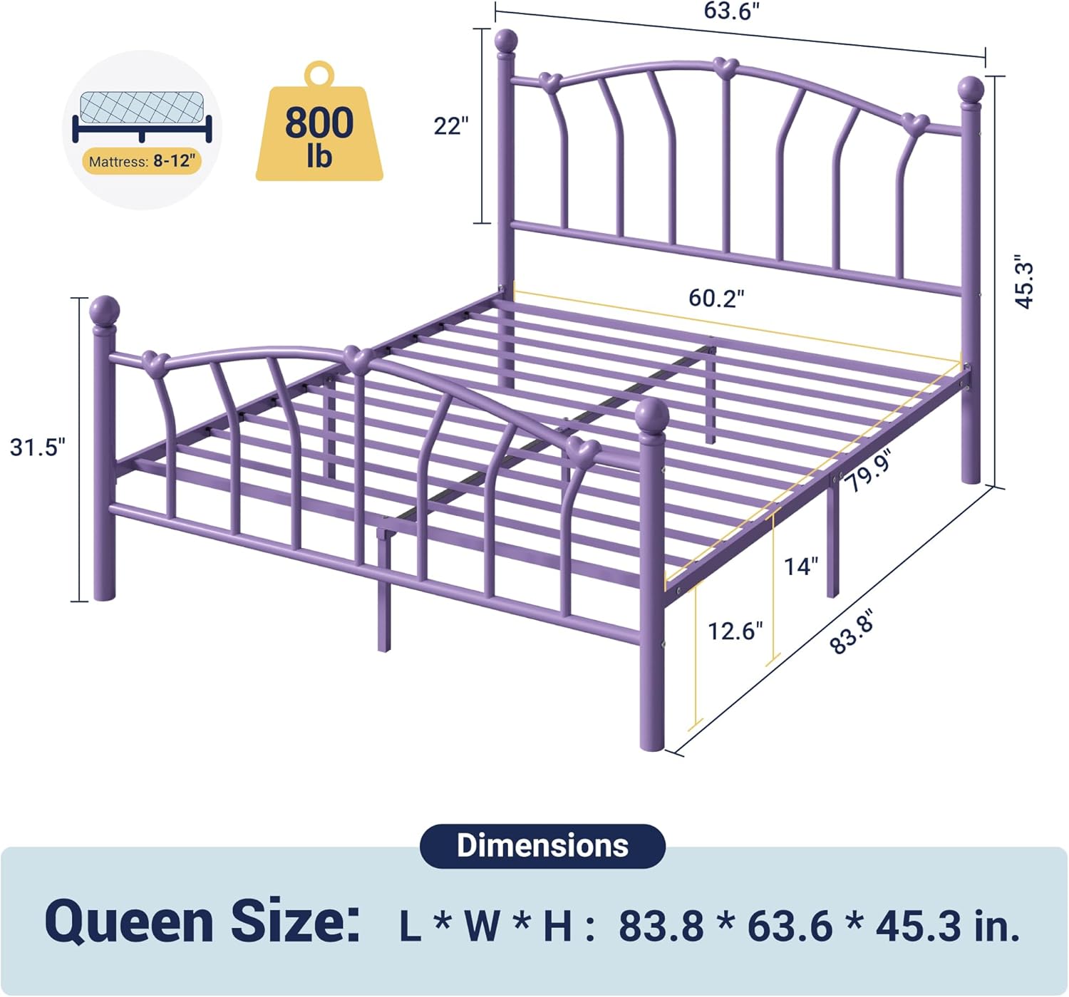 Allewie 14 Inch Queen Size Metal Platform Bed Frame with Heart-Shaped Headboard and Footboard/Iron-Art Mattress Foundation/Under Bed Storage/No Box Spring Needed/Easy Assembly/Noise-Free/Purple