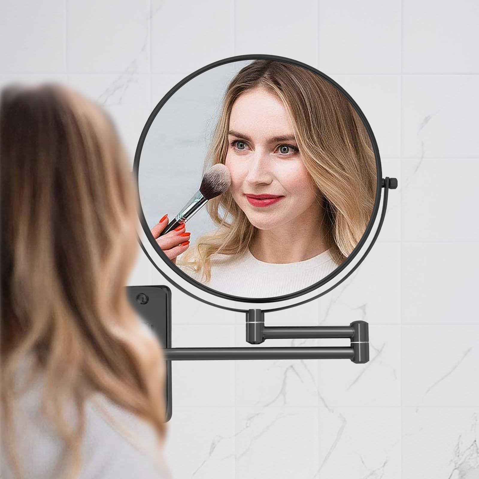 Espejo de maquillaje de 8 pulgadas montado en la pared, 1X/10X, espejo de baño de aumento de doble cara con brazo extensible, espejo giratorio de 360° para baño y maquillaje, negro (sin luz