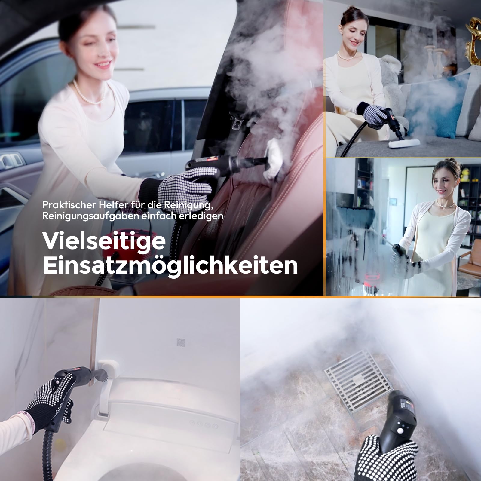 Dampfreiniger für Haushalt, 3-stufig verstellbarer Griff, 1,6L Wassertank | 15s Aufheizzeit, 3 BAR Hochdruckdampf, Steam Cleaner mit 15 Zubehörteilen, Dampfreiniger Handgerät für Küche, Boden, Bad