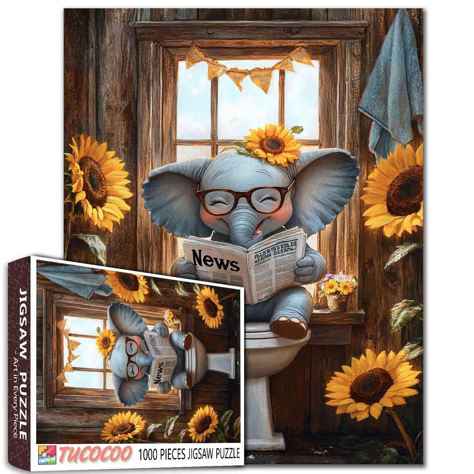 Tucocoo Happy Elephant Puzzles 1000 Pieces Farmhouse Animal Sitting on Toilet Jigsaw Puzzle for Adults Rustic Bathroom Art Puzzles for Challenging Family Activity Game DIY Puzzle Wall Decor Gifts — image 1
