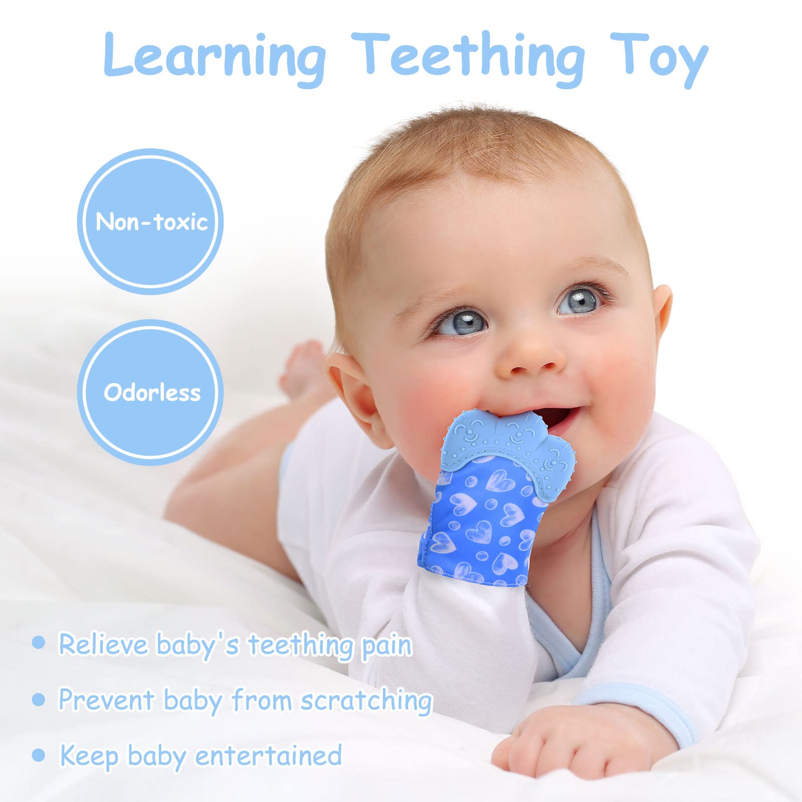 Vicloon Guanto da Dentizione per Bambini, 2 Pezzi Lenitivo Dentizione Mitten con Progetto Regolabile, Dentizione Neonati Giocattolo Guanti di Protezione con Massaggiagengive in Silicone, Cuore Blu
