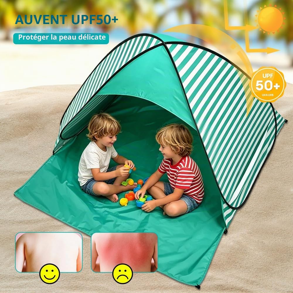 Tente de Plage, Tente Anti UV pour 2-3 Personnes, Tente de Plage pour Bébé avec Protection UV 50, Sac de Transport et Piquets Inclus, Idéal pour Les Tout-Petits, Les Pique-Niques et Le Jardin