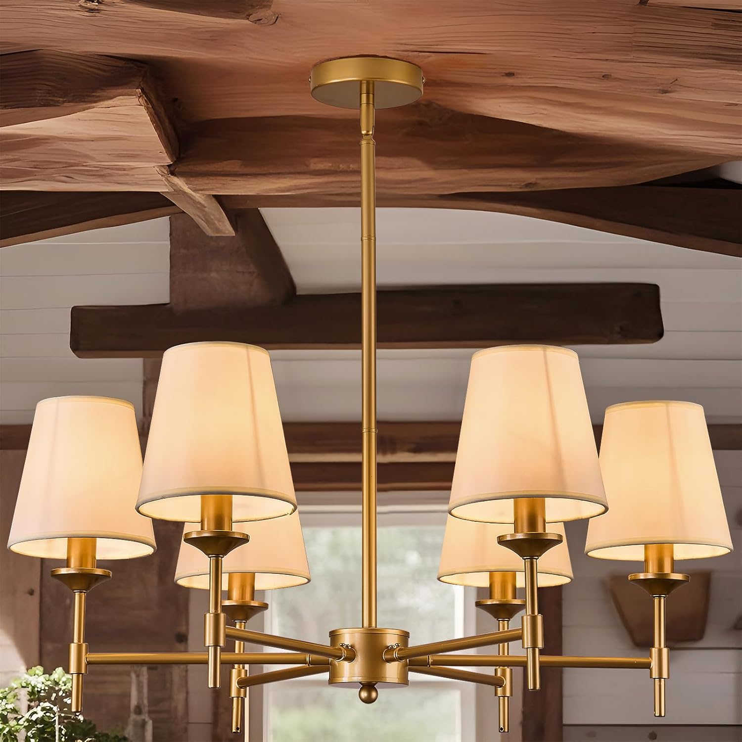 Gold Chandelier with Shades 6 Light Ceiling Light Fixture with Linen Fabric Farmhouse Pendant Lights for Bedroom Kitchen Dining Room Living Room Foyer