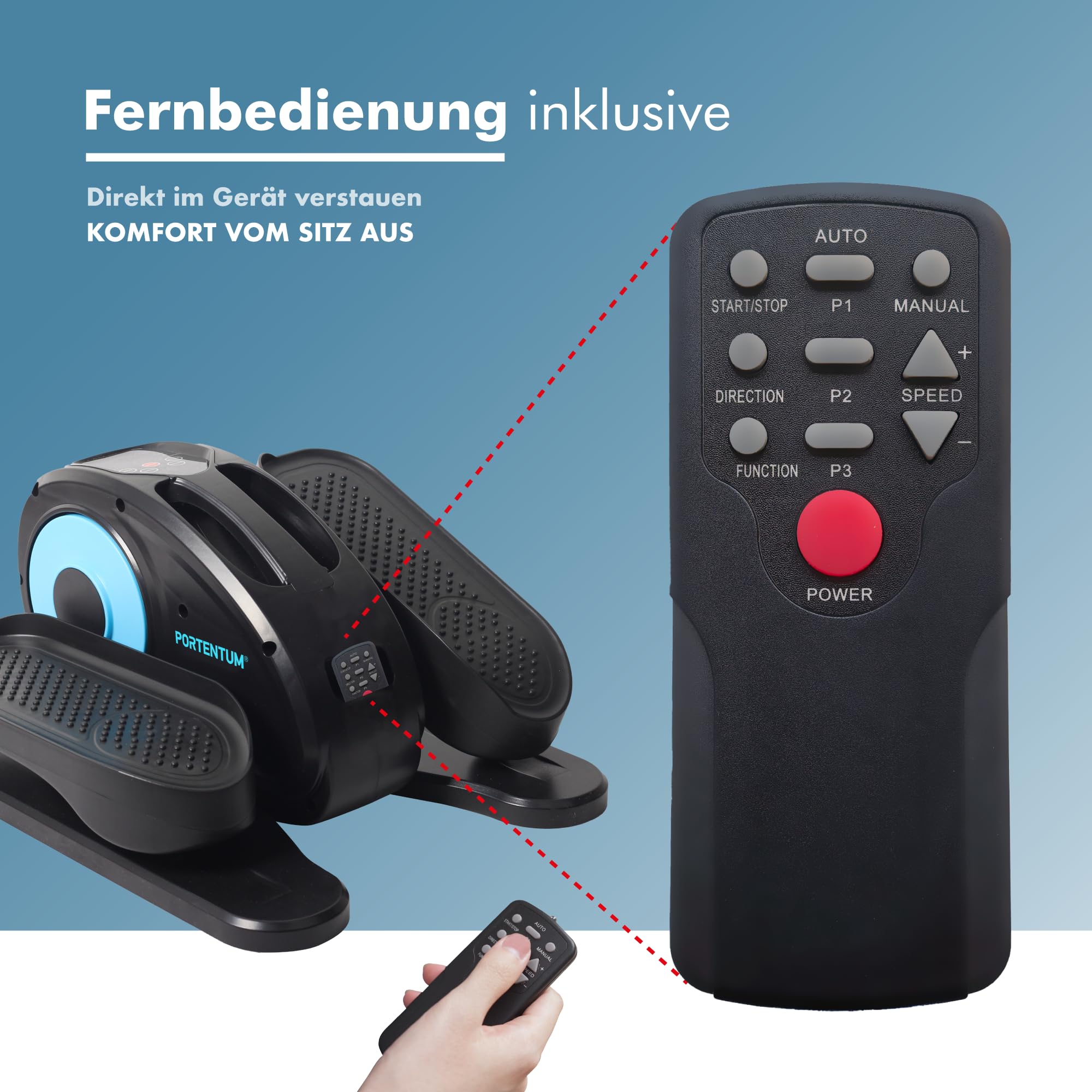 PORTENTUM Mini ellipsentrainer für zuhause elektrisch mit Fernbedienung, Display und leisem Motor – Pedaltrainer für senioren automatisch und manuell mit Geschwindigkeitswahl – Kompakt für Büro