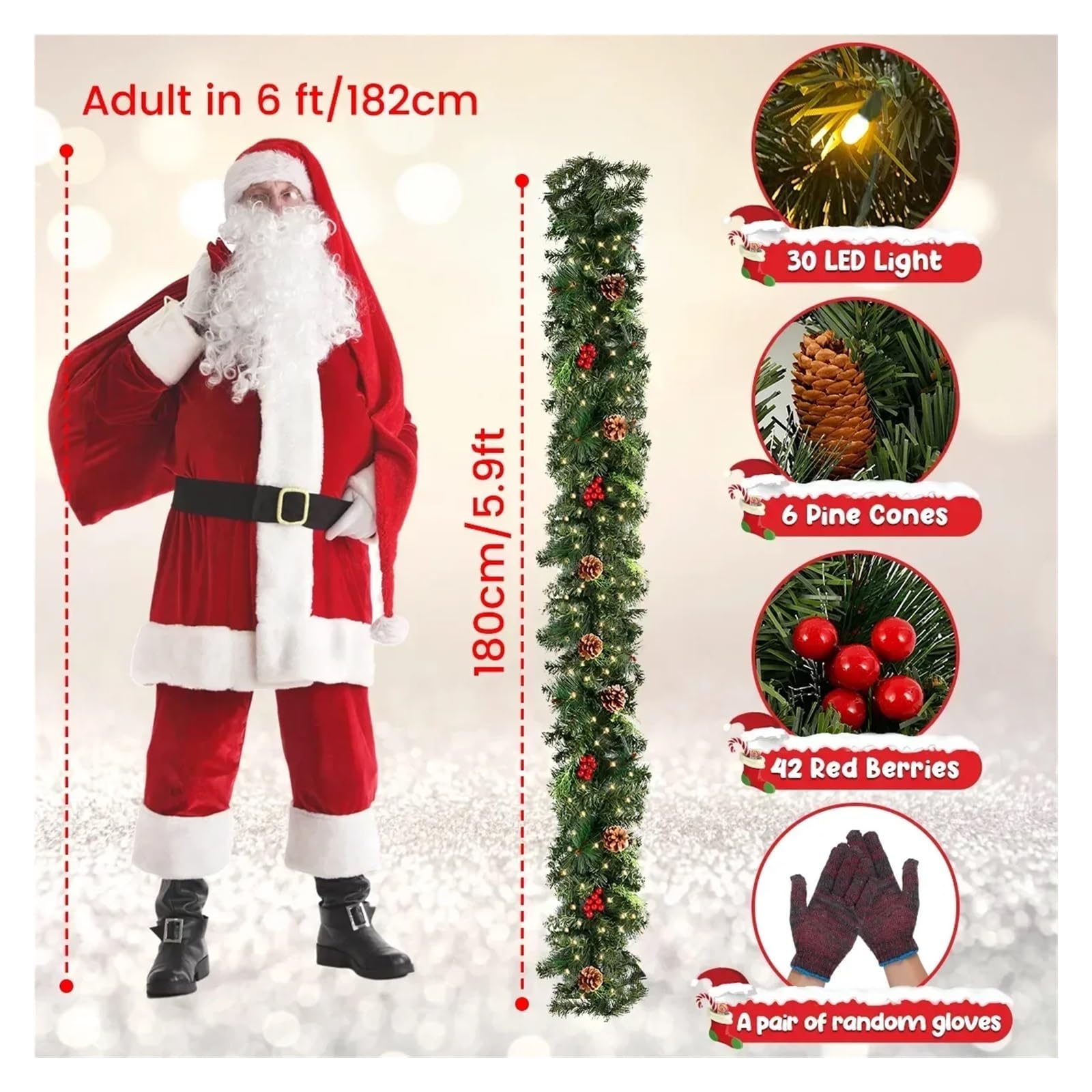 Guirnalda de Navidad Coronas navideñas con piñas y Frutos Rojos, Guirnalda navideña Artificial for chimeneas, escaleras, Puerta Principal, decoración de Año 2.7M No Light