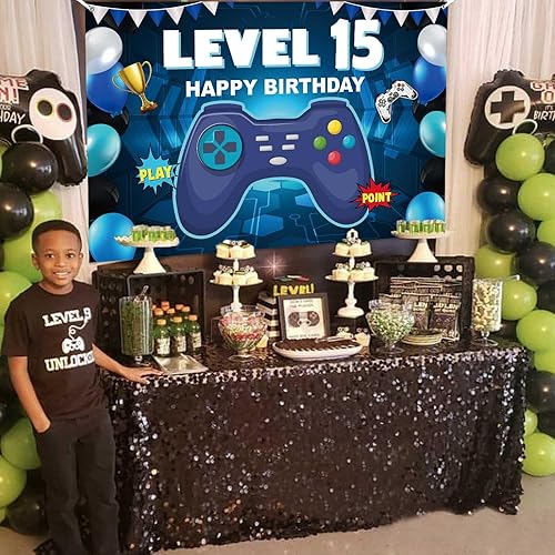 Miniatura 7 de Pancarta de nivel 15 desbloqueada con texto en inglés Happy 15 Birthday Level Up Banner Saludos a los 15 años, decoración temática de videojuegos