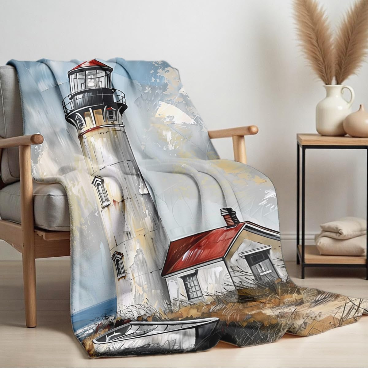 Lighthouse Print Throw Blanket Coastal Flannel Blanket for Couch Bed Nautical Lighthouse Throw Soft Bedding Beach Bedroom Decor Gifts (49"x59") - Image 3