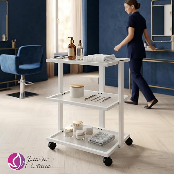 Carrello Estetista con Ruote - Mobiletto con Ruote, Multiuso in Acciaio Inox e 3 Ripiani in Vetro Traslucido - Carrello Portaoggetti per Estetica, Ceretta, Tattoo e Medico - Elegante e Solido | 24 Kg - 5